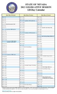 STATE OF NEVADA 2013 LEGISLATIVE SESSION 120-Day Calendar Date (Day of Session)  Date (Day of Session)