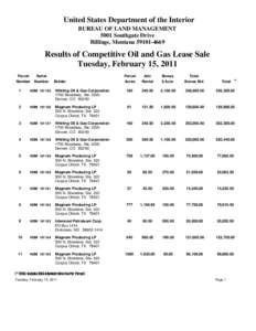 United States Department of the Interior BUREAU OF LAND MANAGEMENT 5001 Southgate Drive Billings, Montana[removed]Results of Competitive Oil and Gas Lease Sale