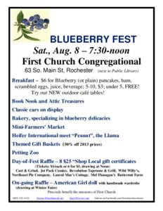 BLUEBERRY FEST Sat., Aug. 8 – 7:30-noon First Church Congregational 63 So. Main St, Rochester  (next to Public Library)