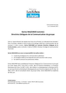 Communiqué de presse Le 17 novembre 2017 Karine MAZURIER nommée Directrice Déléguée de la Communication du groupe
