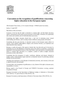 Convention on the recognition of qualifications concerning higher education in the european region