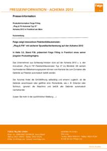 Presse-Information Produktinformation Feige Filling „Plug & Fill-Automat Typ 37“ Achema 2012 in Frankfurt am Main  Kurzmeldung
