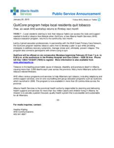 Public Service Announcement January 20, 2015 Follow AHS_Media on Twitter  QuitCore program helps local residents quit tobacco
