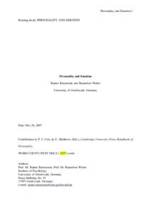 Personality and Emotion 1 Running head: PERSONALITY AND EMOTION Personality and Emotion Rainer Reisenzein and Hannelore Weber University of Greifswald, Germany
