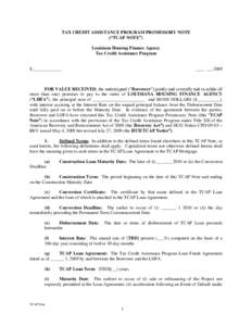 TAX CREDIT ASSISTANCE PROGRAM PROMISSORY NOTE (“TCAP NOTE”) Louisiana Housing Finance Agency Tax Credit Assistance Program  $_____________