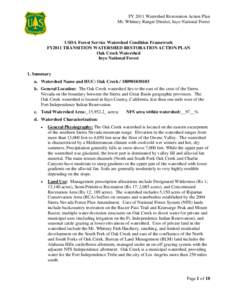 FY 2011 Watershed Restoration Action Plan Mt. Whitney Ranger District, Inyo National Forest USDA Forest Service Watershed Condition Framework FY2011 TRANSITION WATERSHED RESTORATION ACTION PLAN Oak Creek Watershed