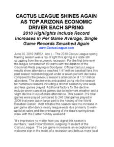 CACTUS LEAGUE SHINES AGAIN AS TOP ARIZONA ECONOMIC DRIVER EACH SPRING 2010 Highlights Include Record Increases in Per Game Average, Single Game Records Smashed Again