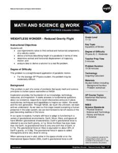 National Aeronautics and Space Administration  WEIGHTLESS WONDER – Reduced Gravity Flight Grade Level 11-12