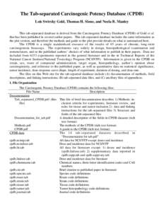 The Tab-separated Carcinogenic Potency Database (CPDB) Lois Swirsky Gold, Thomas H. Slone, and Neela B. Manley This tab-separated database is derived from the Carcinogenic Potency Database (CPDB) of Gold et al. that has 