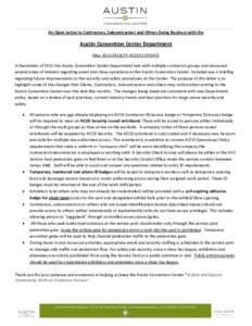 An Open Letter to Contractors, Subcontractors and Others Doing Business with the  Austin Convention Center Department May 2013-FACILITY ACCESS UPDATE In December of 2011 the Austin Convention Center Department met with m