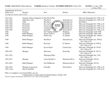 NAME: URQUHART, Robert Barclay  PARISH:Aberdeen, Scotland ENTERED SERVICE:15 June 1921 Appointments & Service Outfit Year*: