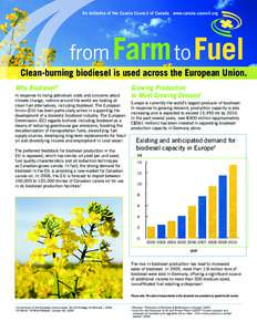 An Initiative of the Canola Council of Canada www.canola-council.org  from Farm to Fuel Clean-burning biodiesel is used across the European Union. Why Biodiesel? In response to rising petroleum costs and concerns about