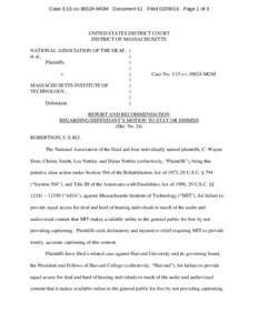 Case 3:15-cvMGM Document 51 FiledPage 1 of 3  UNITED STATES DISTRICT COURT DISTRICT OF MASSACHUSETTS NATIONAL ASSOCIATION OF THE DEAF, ) et al.,