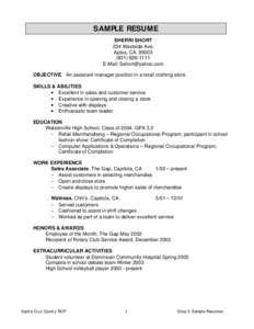 SAMPLE RESUME SHERRI SHORT 234 Westside Ave. Aptos, CA1111 E-Mail: 