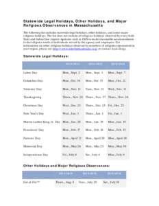 Statewide Legal Holidays, Other Holidays, and Major Religious Observances in Massachusetts The following list includes statewide legal holidays, other holidays, and some major religious holidays. The list does not includ