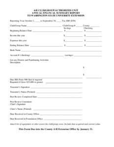 4-H CLUB/GROUP/AUTHORIZED UNIT ANNUAL FINANCAL SUMMARY REPORT TO WASHINGTON STATE UNIVERSITY EXTENSION Reporting Year October 1, ____ to September 30, ____ Tax ID# (EIN) Club/Group Name _______________________________ Cl