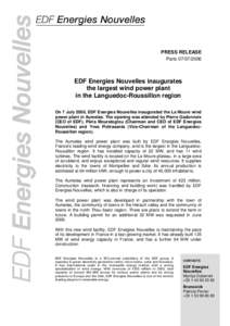 PRESS RELEASE ParisEDF Energies Nouvelles inaugurates the largest wind power plant in the Languedoc-Roussillon region