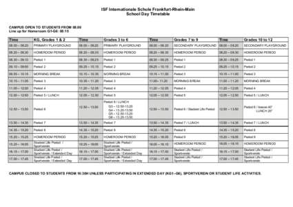 ISF Internationale Schule Frankfurt-Rhein-Main School Day Timetable 2011 – 2012 CAMPUS OPEN TO STUDENTS FROM[removed]Line up for Homeroom G1-G6: 08:15