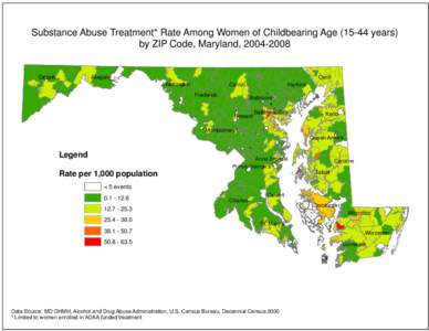 Substance Abuse Treatment* Rate Among Women of Childbearing Age[removed]years) by ZIP Code, Maryland, [removed]Cecil  Allegany