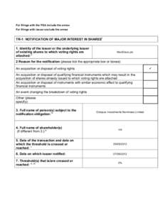 For filings with the FSA include the annex For filings with issuer exclude the annex TR-1: NOTIFICATION OF MAJOR INTEREST IN SHARESi 1. Identity of the issuer or the underlying issuer of existing shares to which voting r