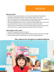  MISSION	
   What	
  we	
  know?	
  	
   •  That	
  68%	
  of	
  fourth	
  grade	
  students	
  cannot	
  read	
  at	
  the	
  proﬁcient	
  level	
  (Na$onal	
   Assessment	
  of	
  Educa$onal	