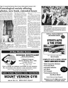 Page 12, CountryFest Section, Mount Vernon Optic-Herald, October 6, 2011  Genealogical society offering photos, new book, extended hours The Franklin County Genealogical Society invites people to stop in at their headqua