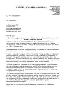Letter to Mick Keelty Commissioner AFP re medical certificates under Witness Protection Act - 20 October 2003
