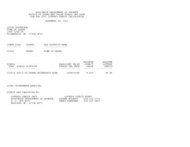 Notice of Equalized Value School Tax Rate Use for 2011 Lottery Credit Calculation