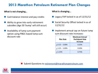 2013 Marathon Petroleum Retirement Plan Changes What is not changing… What is changing…   Cash balance interest and pay credits