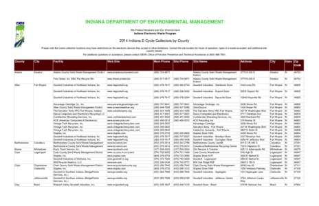 INDIANA DEPARTMENT OF ENVIRONMENTAL MANAGEMENT We Protect Hoosiers and Our Environment Indiana Electronic Waste Program 2014 Indiana E-Cycle Collectors by County Please note that some collection locations may have restri