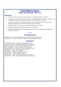 Board Meeting Digest Regular Monthly Meeting – May 2, 2012 Governance •
