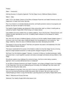 Healthy People 2020 eLearning Lesson, Defining Success in a Systems Approach: The San Diego County Childhood Obesity Initiative