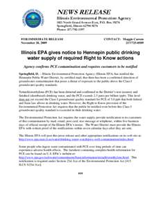 NEWS RELEASE  Illinois Environmental Protection Agency 1021 North Grand Avenue East, P.O. Box[removed]Springfield, Illinois[removed]Phone: [removed]