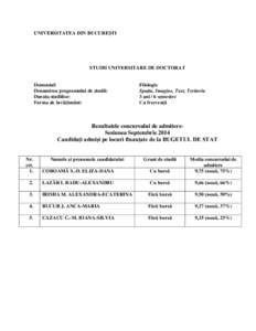 UNIVERSITATEA DIN BUCUREŞTI  STUDII UNIVERSITARE DE DOCTORAT Domeniul: Denumirea programului de studii: