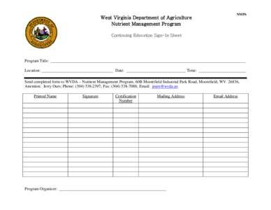 West Virginia Department of Agriculture Nutrient Management Program NMP6  Continuing Education Sign-In Sheet