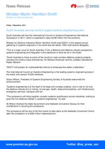 News Release Minister Martin Hamilton-Smith Minister for Defence Industries Friday, 7 November, 2014