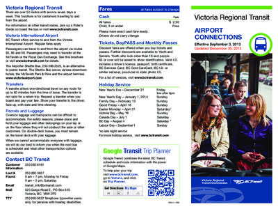 Victoria Regional Transit  There are over 50 routes with service seven days a week. This brochure is for customers travelling to and from the airport. For information on other transit routes, pick up a Rider’s