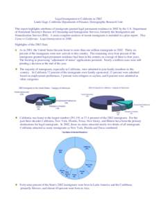 Legal Immigration to California in 2002 Linda Gage, California Department of Finance, Demographic Research Unit This report highlights attributes of immigrants granted legal permanent residence in 2002 by the U.S. Depart