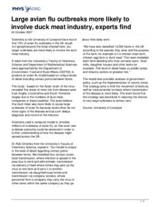 Large avian flu outbreaks more likely to involve duck meat industry, experts find