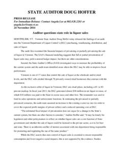 STATE AUDITOR DOUG HOFFER PRESS RELEASE For Immediate Release: Contact Angela Lee at[removed]or [removed] 24 November 2014