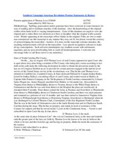 Southern Campaign American Revolution Pension Statements & Rosters Pension application of Thomas Love S36048 fn37NC Transcribed by Will Graves[removed]Methodology: Spelling, punctuation and/or grammar have been correcte