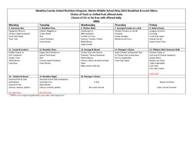 Monday  Weakley County School Nutrition Program: Martin Middle School May 2015 Breakfast & Lunch Menu Choice of fresh or chilled fruit offered daily Choice of 1% or fat free milk offered daily MMS