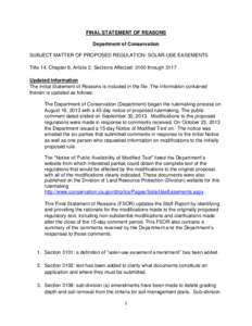 FINAL STATEMENT OF REASONS Department of Conservation SUBJECT MATTER OF PROPOSED REGULATION: SOLAR-USE EASEMENTS Title 14, Chapter 6, Article 2, Sections Affected: 3100 through 3117 Updated Information The Initial Statem