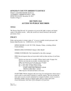 KINGMAN COUNTY SHERIFF’S OFFICE POLICY AND PROCEDURE MANUAL AUTHORITY: SHERIFF RANDY L. HILL EFFECTIVE DATE: December 20, 2013 Number of Pages 7