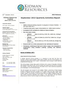 23rd October 2013 Kidman Resources Limited ASX Release