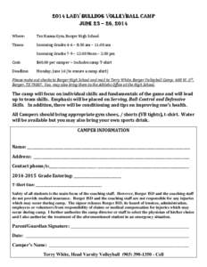 2014 lady bulldog volleyball camp June 23 – 26, 2014 Where: Times: Cost: