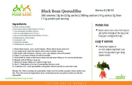 Black Bean Quesadillas  Serves 8 | $[removed]calories | 9g fat (3.5g sat fat) | 380mg sodium | 41g carbs | 7g fiber | 11g protein per serving