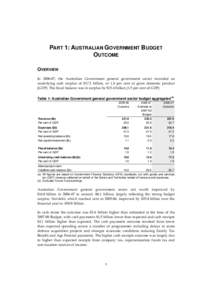 PART 1: AUSTRALIAN GOVERNMENT BUDGET OUTCOME OVERVIEW In[removed], the Australian Government general government sector recorded an underlying cash surplus of $17.2 billion, or 1.6 per cent of gross domestic product (GDP).