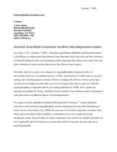 October 7, 2009 FOR IMMEDIATE RELEASE Contact: Carrie James Human BioMolecular Research Institute