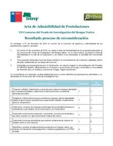 Acta de Admisibilidad de Postulaciones VII Concurso del Fondo de Investigación del Bosque Nativo Resultado proceso de reconsideración En Santiago, a 07 de diciembre de 2015 en reunión de la Comisión de Apertura y adm